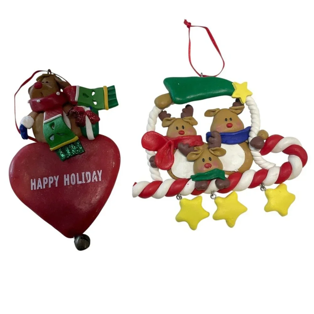 Vintage Clay Christmas Ornaments Snowman Reindeer Trio Stocking Heart‎
